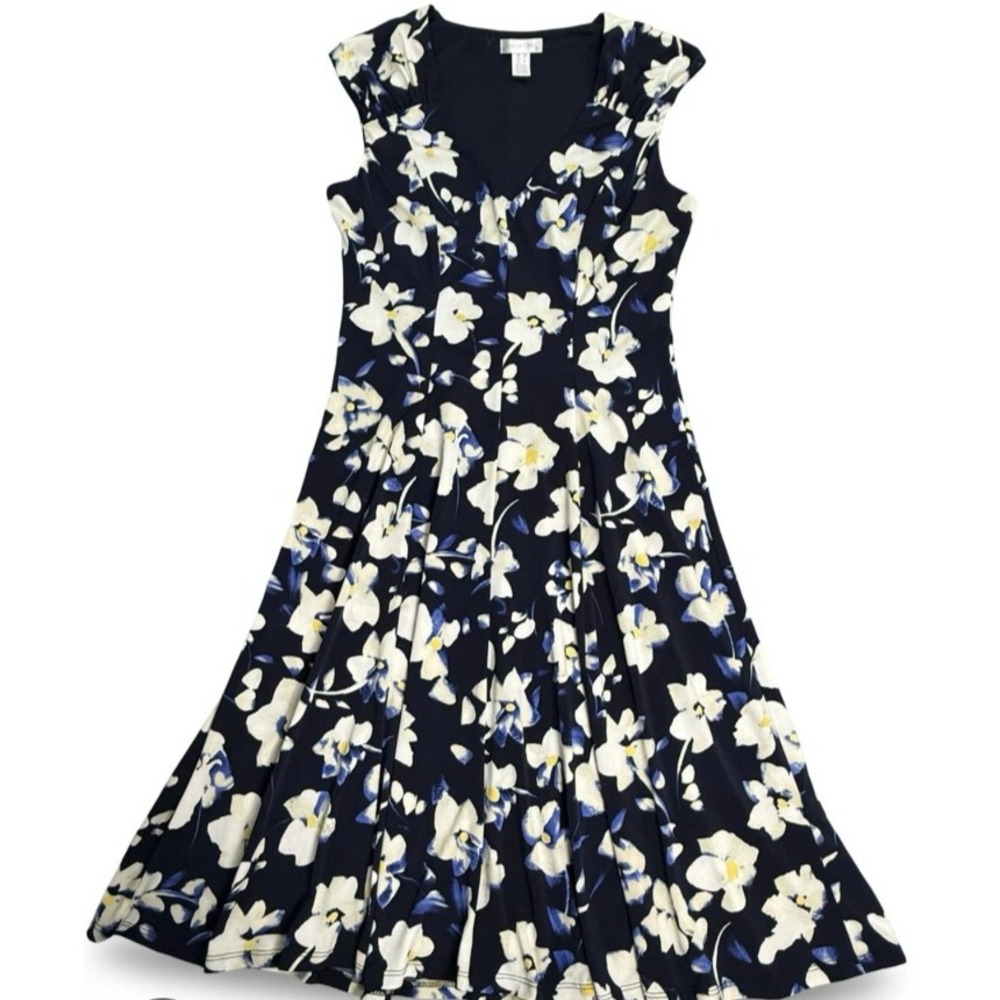 London Times Sleeveless Dress Womens Sz 12 Blue Floral Knee Length Garden Girl